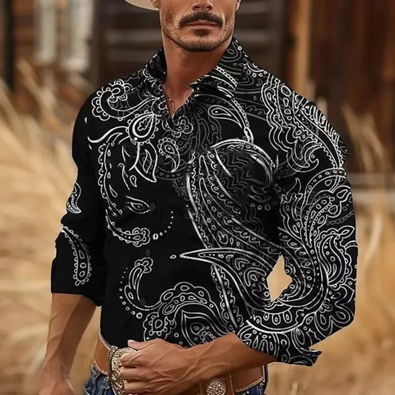 Chemise à manches longues de style cowboy occidental rétro pour hommes, chemise à revers imprimée en 3D, station balnéaire en plein air, course de chevaux, printemps, été, haute qualité