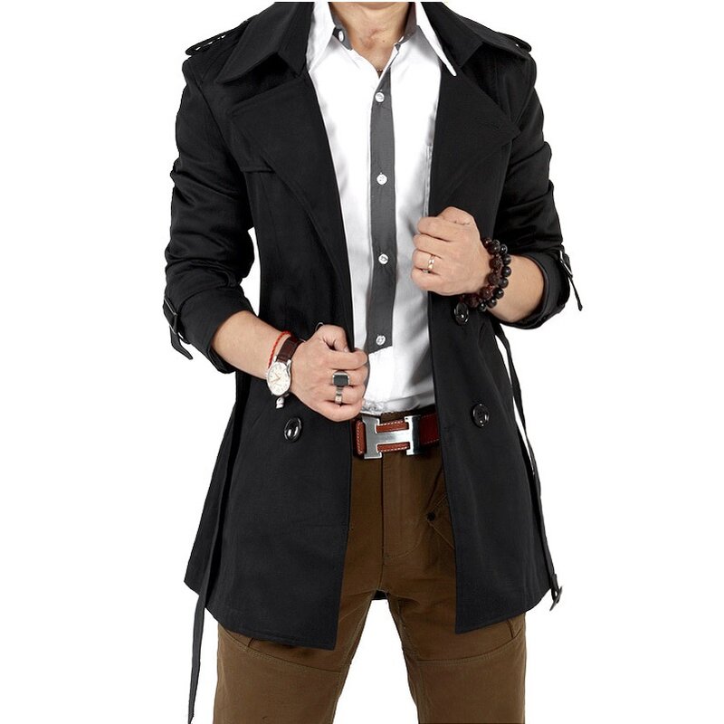 Blusão masculino jaqueta vintage preto cáqui primavera outono negócios trench masculino duplo breasted retro clássico longo casaco grosso