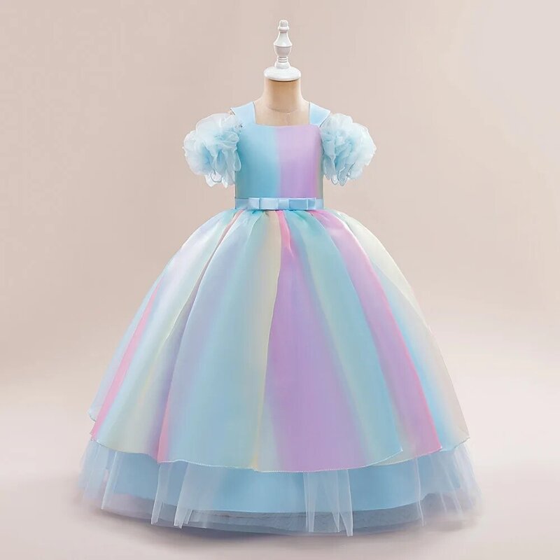 New girls' dress off-shoulder colorful gradient sweet rainbow snow princess dress