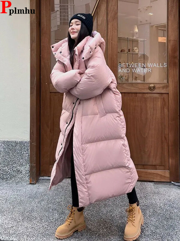 Теплая зимняя розовая Длинная женская парка с капюшоном, толстая хлопковая подкладка, ветрозащитное пальто, Повседневная Свободная зимняя одежда