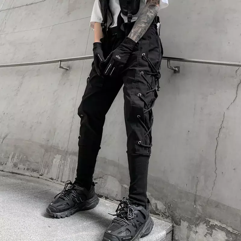Calças cargo masculinas com laço lateral, roupa de rua Harajuku Punk Hip Hop, corredores casuais, primavera, verão, 2022
