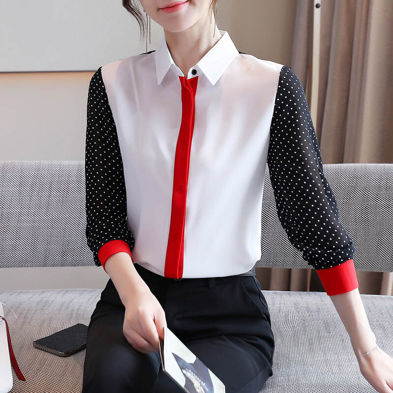 Biurowa damska luźna moda koronkowa szyfonowe koszule wiosna nowa w paski patchworkowa prosta wygodna bluzka odzież damska