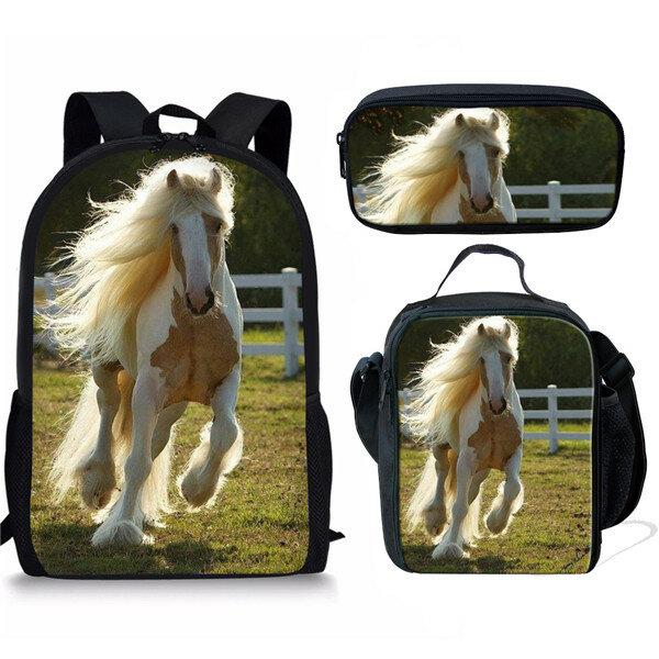 Popular Creative Funny Fire Crazy Horse 3D Print 3pcs/Set pupil School Bags Laptop Daypack Backpack Lunch bag Pencil Case