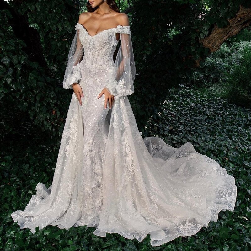 여성용 절묘한 웨딩 드레스, 2024 우아한 신부 가운, 레이스 아플리케, 긴 퍼프 소매, V넥 예쁜 드레스