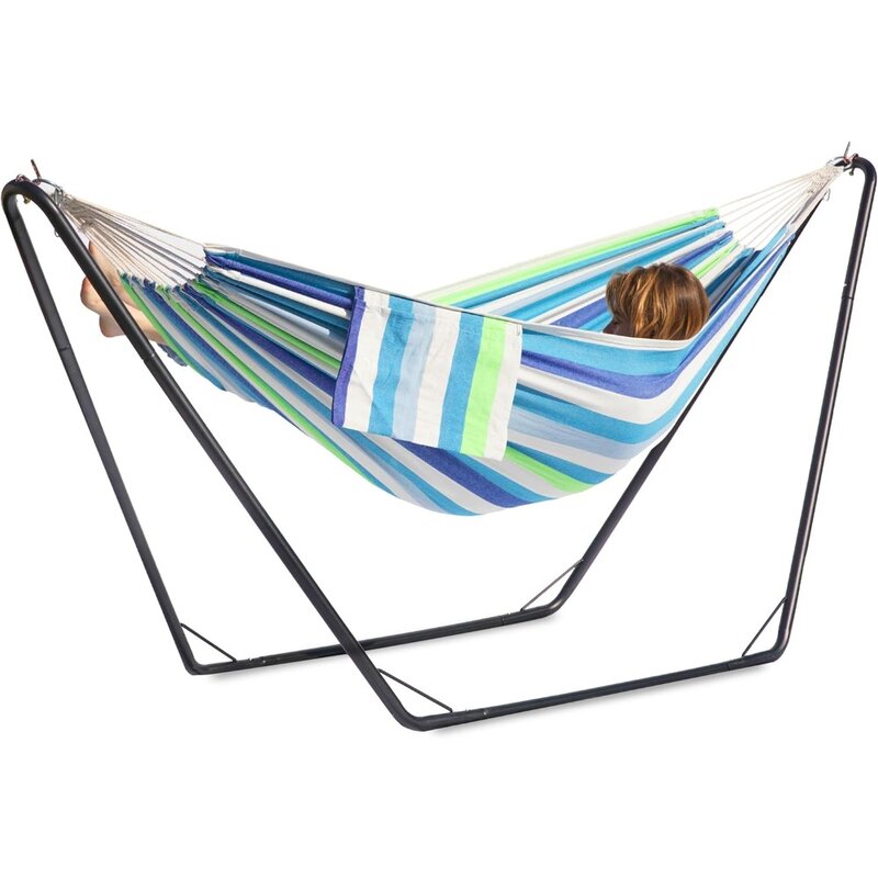 Double Hammock with Stand for Outside, Stable V-Shape Steel Stand, Comfortable Pillow, Convenient Sidebag, Max 450 lbs Capacity