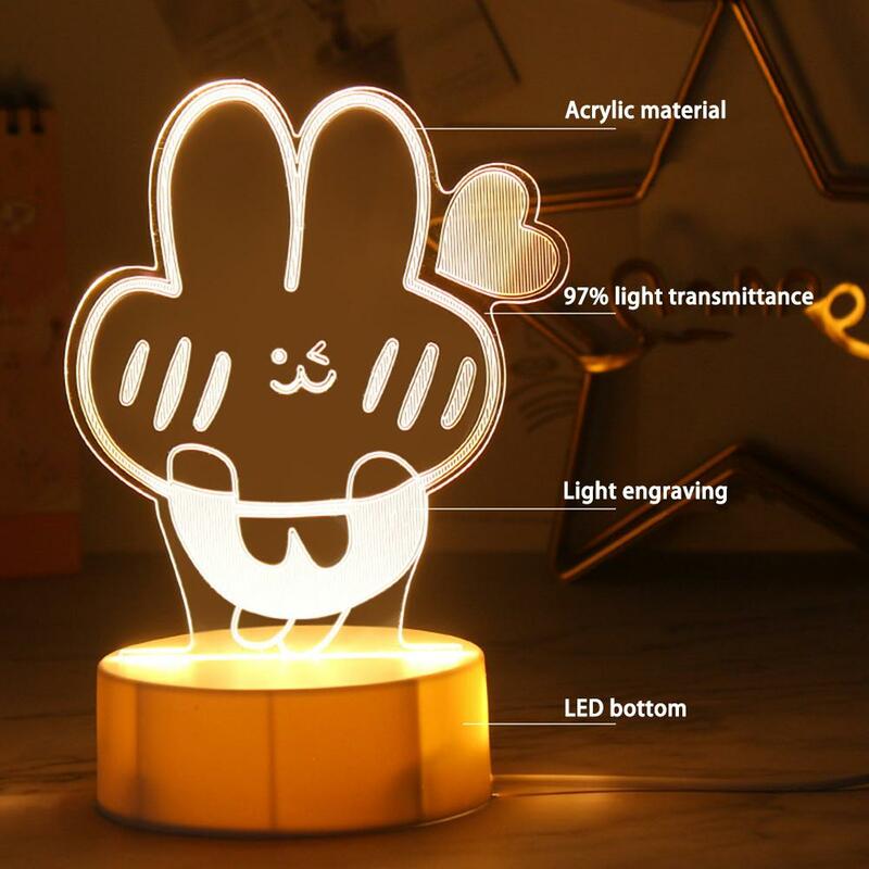 Luz de noche acrílica Led 3D con forma de Animal de dibujos animados, lámpara de decoración recargable por USB, ahorro de energía, para dormitorio