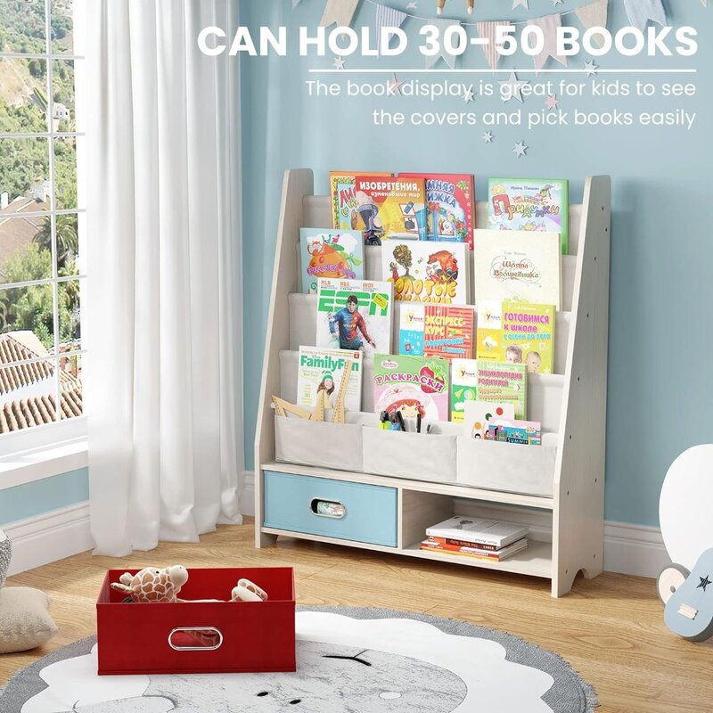 Детский книжный стеллаж SEIRIONE, книжная полка с 4 ремешками, 2 коробки для хранения и полки-органайзеры для игрушек, бежевый цвет