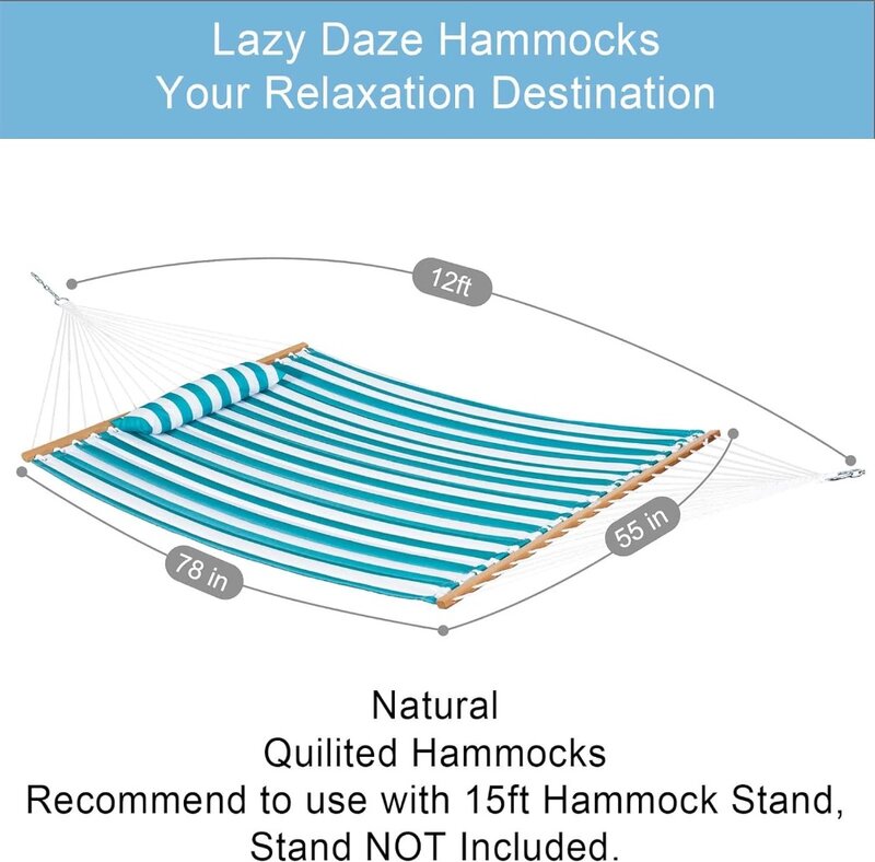 Lazy Daze Hammocks 12 FT Quilted Fabric Double Hammock with Spreader Bars and Detachable Pillow, 2 Person Hammock for Outdoor