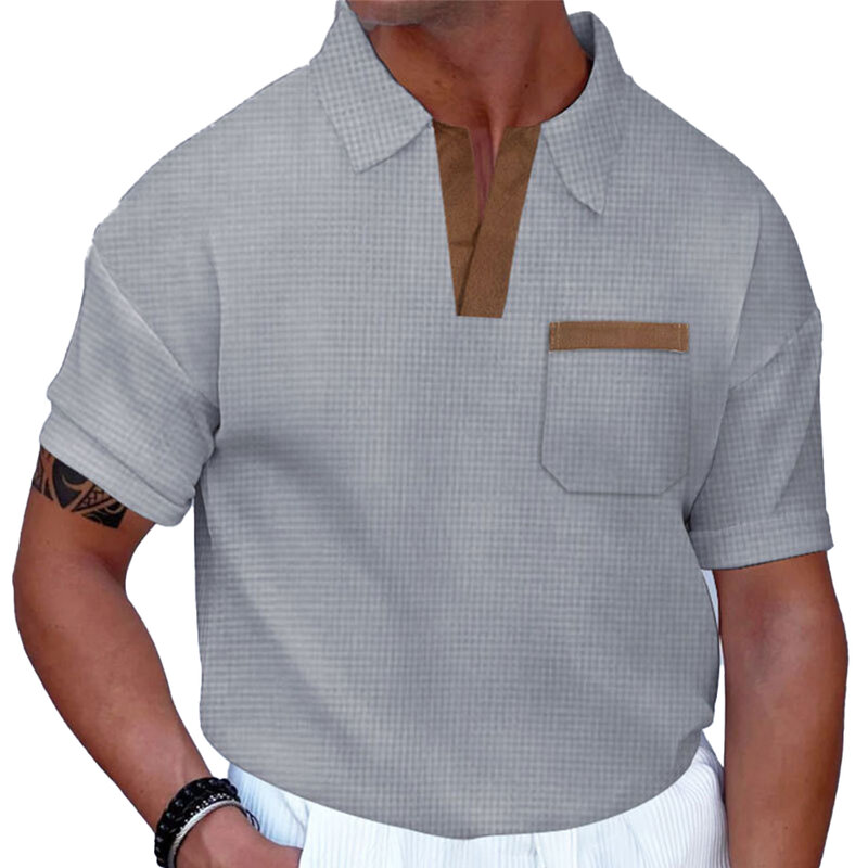Мужская офисная футболка с коротким рукавом, V-образным вырезом и лацканами