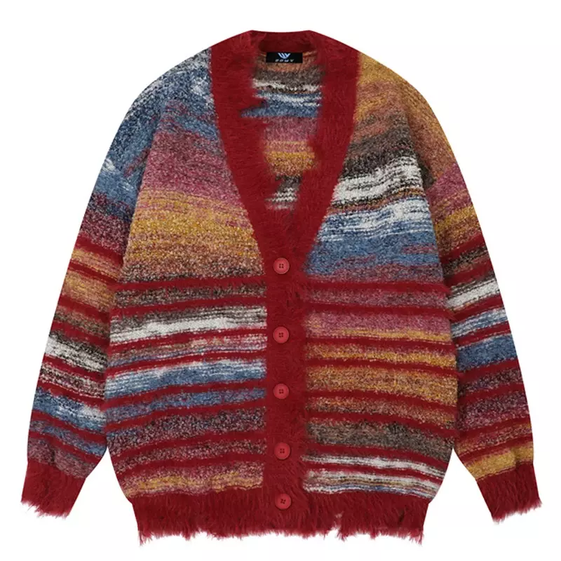 Зимние Асимметричные вязаные свитера, Мужской Свободный кардиган в полоску, цветной блок, Свитер оверсайз, женский свитер в стиле Харадзюку Y2K, вязаные пальто, топы