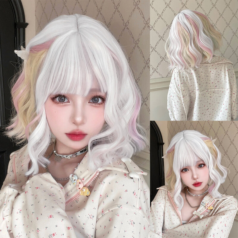 Lolita-Peluca de cabello sintético para mujer, cabellera ondulada Natural corta con flequillo, Color blanco y rosa multicolor, 12 pulgadas, resistente al calor, Cosplay
