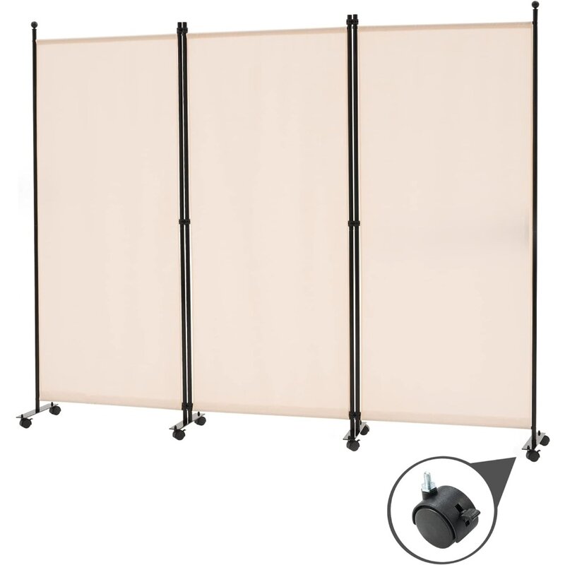 3 Panel Rolling Room Divider, Folding Partition Privacy Screens, Freestanding Fabric Room Panel, Portable Folding Wall Divider