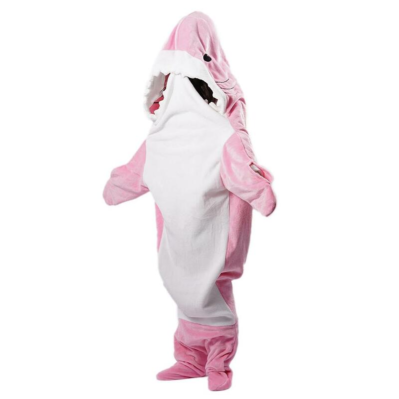 Cobertor de tubarão rosa para adultos, capuz de flanela super macio, saco de dormir, solto, pijama de 1 peça