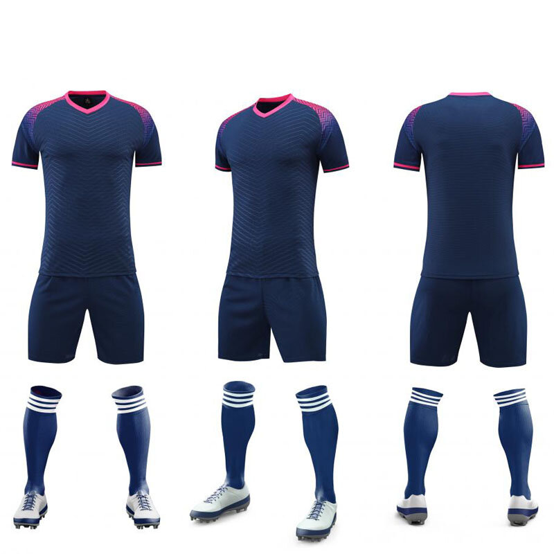 Ropa de fútbol de marca de verano, camiseta de manga corta personalizada, conjunto de pantalones cortos, modelo 2201, azul, rojo y blanco, 23-24