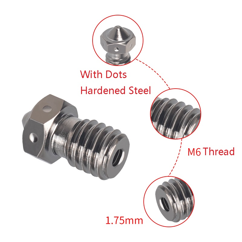 Bicos de aço endurecido para impressora 3D, Bico de rosca M6, Prusa I3, CR10, Ender 3 Pro, 0.2mm, 0.3mm, 0.4mm, 0.5mm, 0.6mm, 0.8mm, 1.75mm