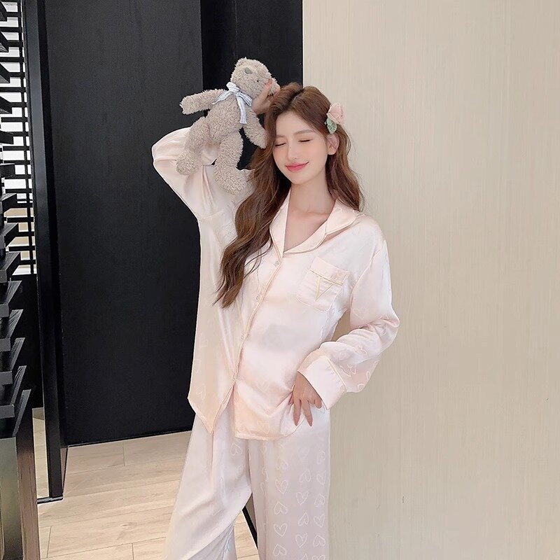 Newlook-Pijama fino feminino de seda gelada manga comprida, roupas de casa soltas casuais, terno high-end, primavera e outono