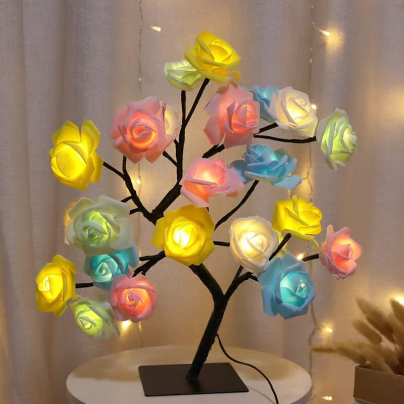 Luces LED de árbol de rosas, lámpara de mesa decorativa de 24 piezas, alimentada por USB, luces nocturnas para fiesta de Navidad, decoración interior o regalo de vacaciones