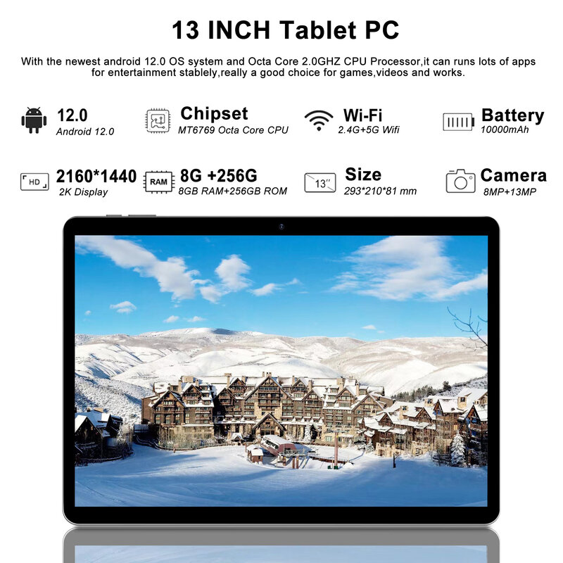 Tablet PC Android com tela grande, 13 Polegada, 8GB de RAM, 256GB ROM, 2160x1440, 2k Display, bateria 10000 mAh, Octa Core, versão global