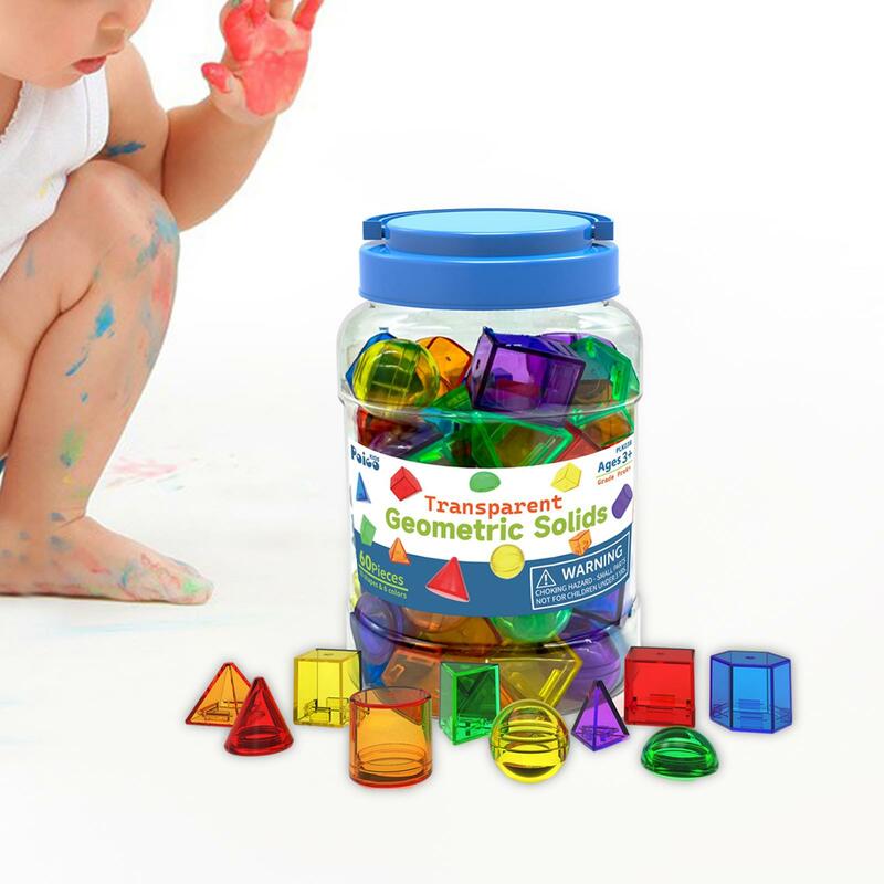 60 szt. Bryły geometryczne, półprzezroczyste kolorowe klocki sortujące Montessori klocki figury geometryczne do pokoju zabaw w domu