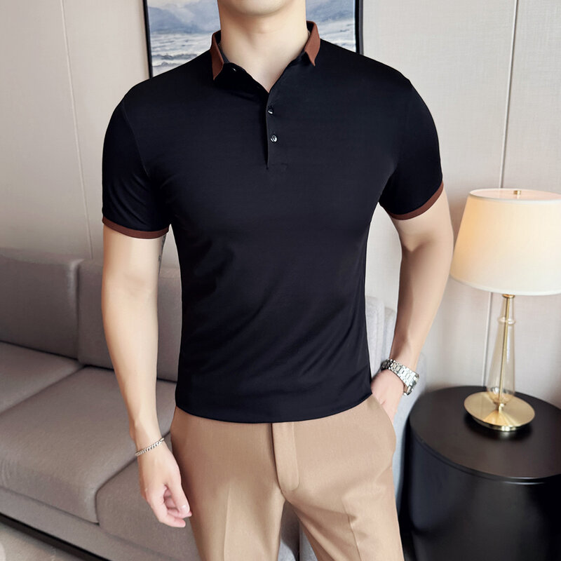 2024 Summer British-style Slim-fit Short-sleeve Polo Shirt with Color Blocking, Men's Korean-style Slim-fit Elastic Top.M-4XL