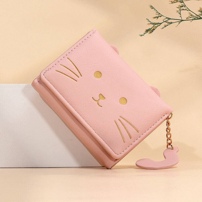 Monedero de cuero plegable para mujer, billetera con diseño de gato de dibujos animados, monedero para tarjetas de crédito y bancarias, portátil, 2024