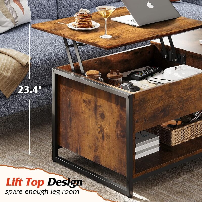 WLIVE Lift Top Coffee Table with Storage,Hidden Compartment and Open Shelf,Living Room Tables with Metal Mesh Door Cabinet Home