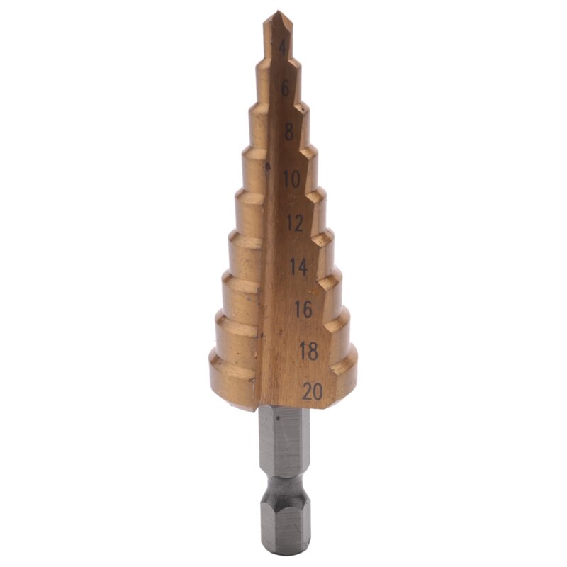 Hss Step Cone Cone Drill Bit Set, Cortador de furos de metal, revestido de titânio, Hex Taper, métrica 3-12, 4-12, 4-20mm, 1/4 ", 3 pcs