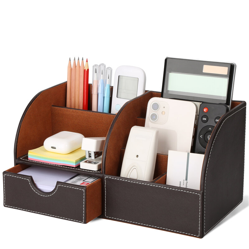 Organizador de escritorio de papelería de oficina de cuero PU medio, 6 compartimentos, cajas de almacenamiento grandes, portalápices de madera, estuche organizador de lápices