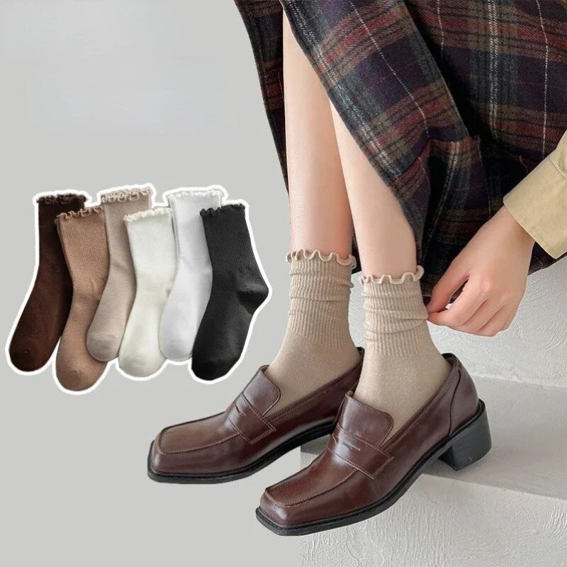 Lot de 3 paires de chaussettes à volants en coton pour femme, tube central, court, respirant, noir, blanc, ensemble, printemps, automne