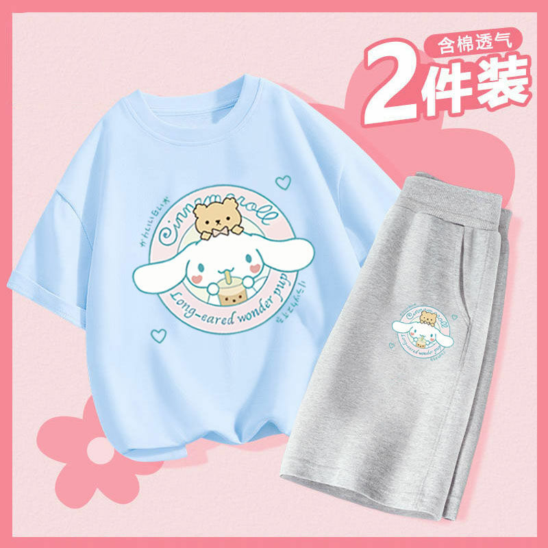 Nieuwe Sanrio Cinnamoroll Kinderen Sportpak Kawaii Cartoon Mode T-Shirt Short Set Zomer Zomer Strand Casual Sportkleding