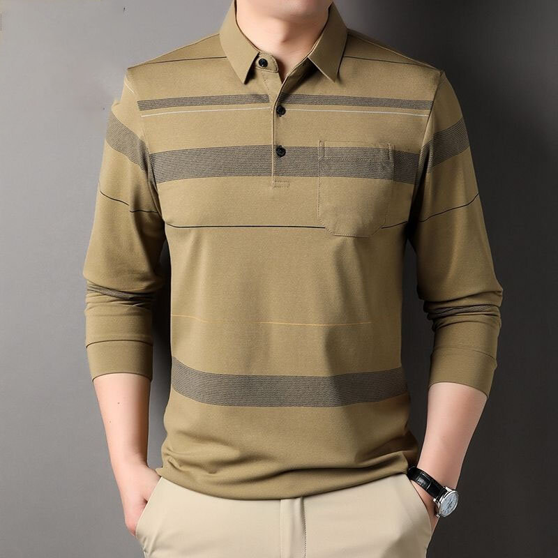 Wiosenna jesienna luźna męska koszulka z dekoltem Polo 2023 modna biurowa bluza z w paski długie rękawem odzież męska