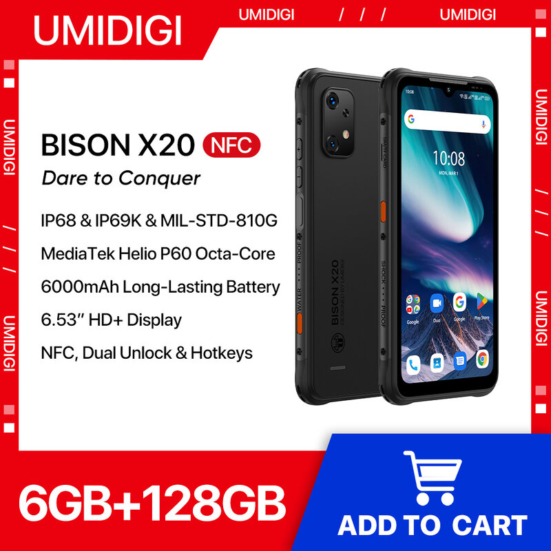 UMIDIGI BISON X20 견고한 스마트폰, MTK Helio P60 옥타코어, 6GB 128GB, 6.53 인치 HD, 안드로이드 13, 6000mAh 배터리, NFC, 월드 프리미어