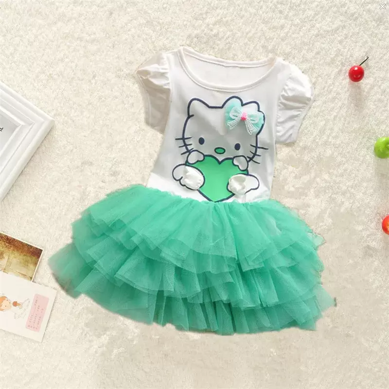 Infantil Sanrio HelloKitty Vestido, Malha Tutu, Manga curta, Vestidos de princesa, Birthday Party Clothing, Cute Girls, Kid