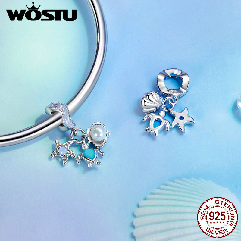 WOSTU 925 Sterling Silver Blue Dreamy Shell Charm Star Fish Pendant Heart Beads Fit Original Bracelet DIY Neckalce Holiday Gift