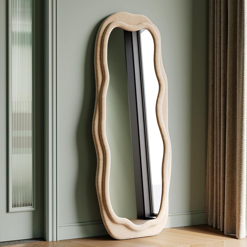 Cermin seluruh tubuh, cermin dinding dengan bingkai kayu, cocok untuk cermin lantai gelombang tidak beraturan di ruang ganti/kamar tidur/ruang tamu