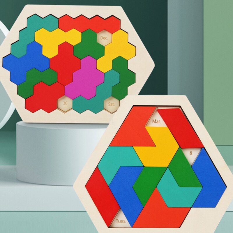 Drewniane puzzle sześciokątne dla dziecka dorosły kształt wzór blok Tangram łamigłówka zabawka STEM Montessori prezent