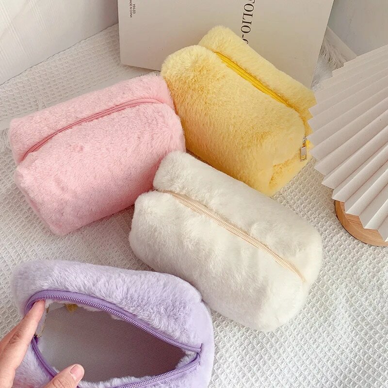 Zipper Large Solid Color Cosmetic Bag Cute Fur Makeup Bag for Women Travel Make Up Toiletry Bag Washing Pouch Plush Pen Pouch