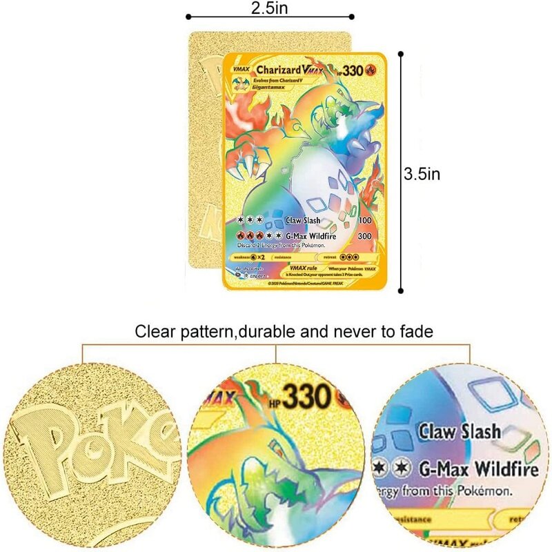 10000PH การ์ดโลหะสีทองโปเกมอน Arceus Pikachu Vmax การ์ดที่ยอดเยี่ยมรุ่นภาษาอังกฤษคอลเลกชันเกมโปเกมอนแผ่นเหล็กโลหะของขวัญสำหรับเด็ก