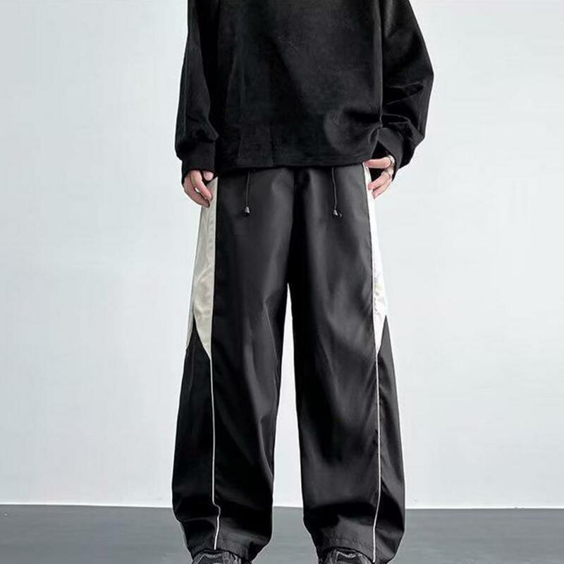 Elastyczny sznurek do ściągania talii spodnie męskie spodnie dresowe z szerokimi nogawkami ze sznurkiem z głębokim kroczem, elastyczna talia, kontrastowy kolor miękki