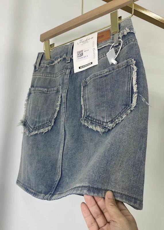 Saia curta retrô jeans de cintura alta, saia fina em linha A, edição coreana, novo design de moda, primavera e verão, 2024