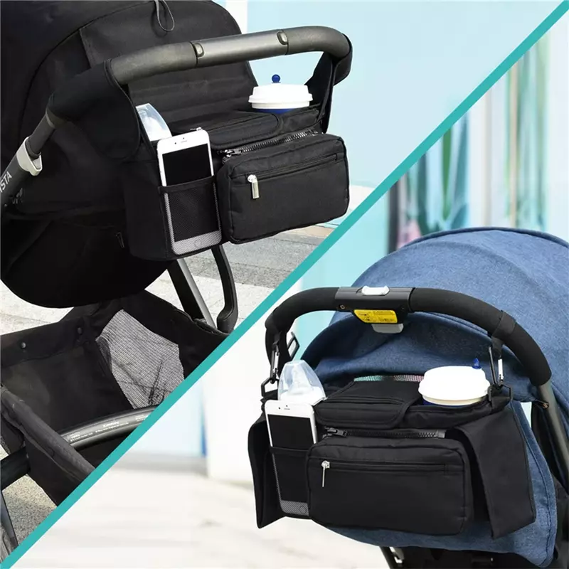 Organizer do wózka dziecięcego z 2 kubek izolowany, odpinaną kieszenią i regulowanym paskiem na ramię, uniwersalny wózek