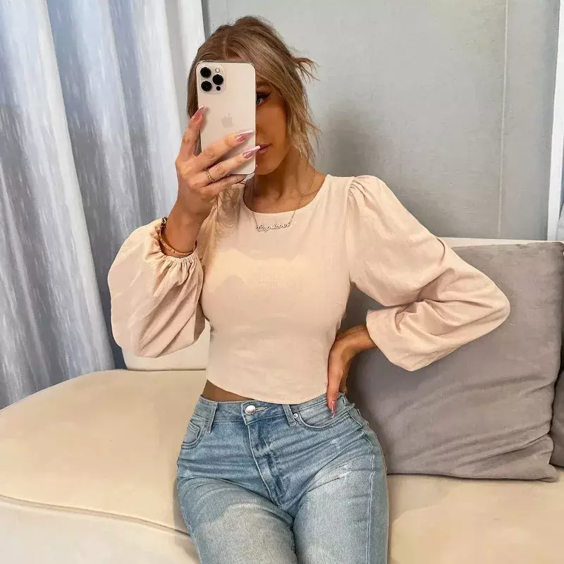 Spring/Summer Sexy Open Back Tie Long Sleeve Slim Fit Women's Shirt Solid Color Top Vintage Crop Top Aesthetic Clothes YSQ41