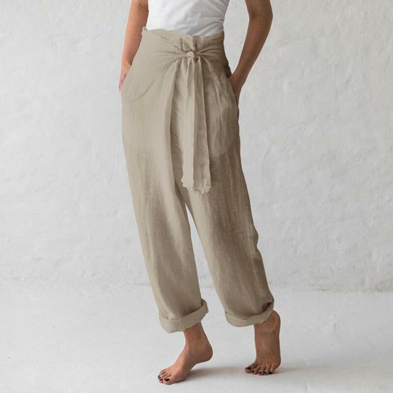 กางเกงเอวสูงผูกเชือกสำหรับผู้หญิงสไตล์กางเกงขาตรงสีพื้นแบบหลวมสำหรับใส่ไปทำงานหรือใส่ในออฟฟิศสีพื้น