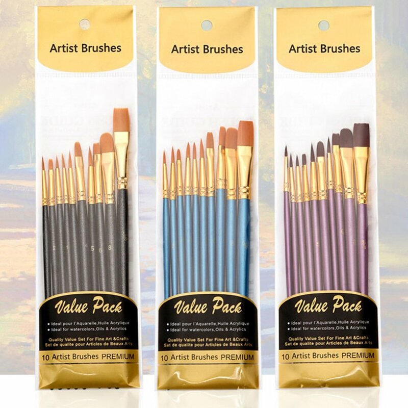 10pcs Art Brushes Supplies Stationery Artist Nylon Paint Brush Professional Watercolor Acrylic Wooden Handle Painting