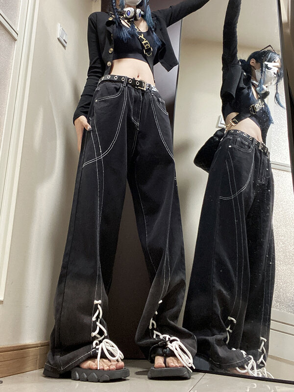 American Lace up Mop Jeans Women Vintage Fashion Black Wash Loose Straight Leg Couple Wide Leg Pants Y2K Jeans 2022 New