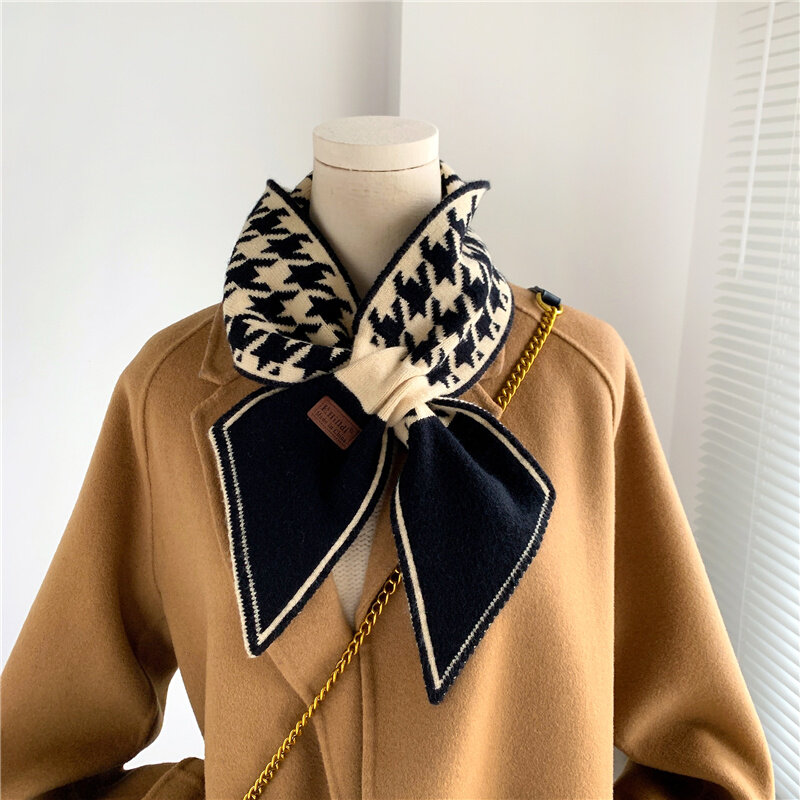 Houndstooth Stroped Luxury Brand Knitted Scarf 2022 New Women Winter Foulard Long Skinny Small Neckerchief Bufanda Warm Echarpe