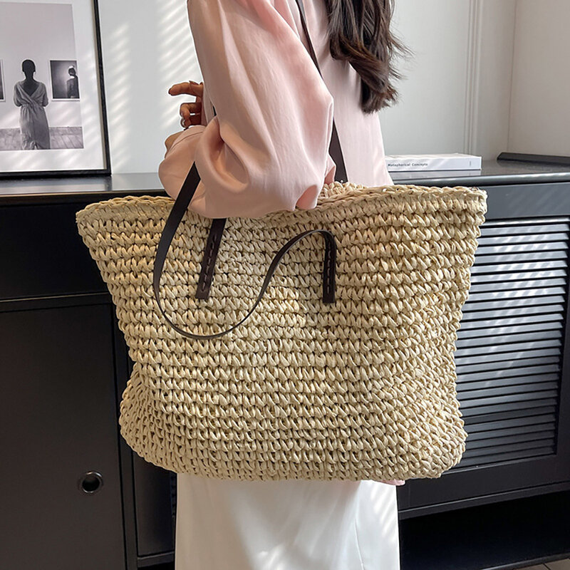 Casual Large Capacity Straw Tote Bag Vintage Woven Women Shoulder Bags Handamde Summer Beach Handbags Big Shopper Purses 2024