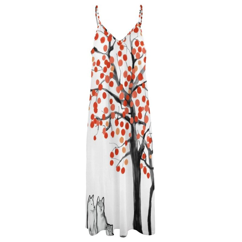 Robe de famille Shiba Inu pour femme, sous l'arbre de kaki, robe de soirée, vêtements d'été