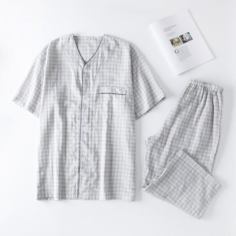 メンズショートパジャマ,半袖Vネック,トリミングパンツ,綿100%,自宅で着用,カジュアル,夏