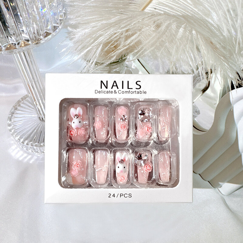 24pcs Cute Rabbit Press on Nails with Pink Flower Rhinestone Full Cover Artificial False Nail Acrylic High Quality Fake Nails